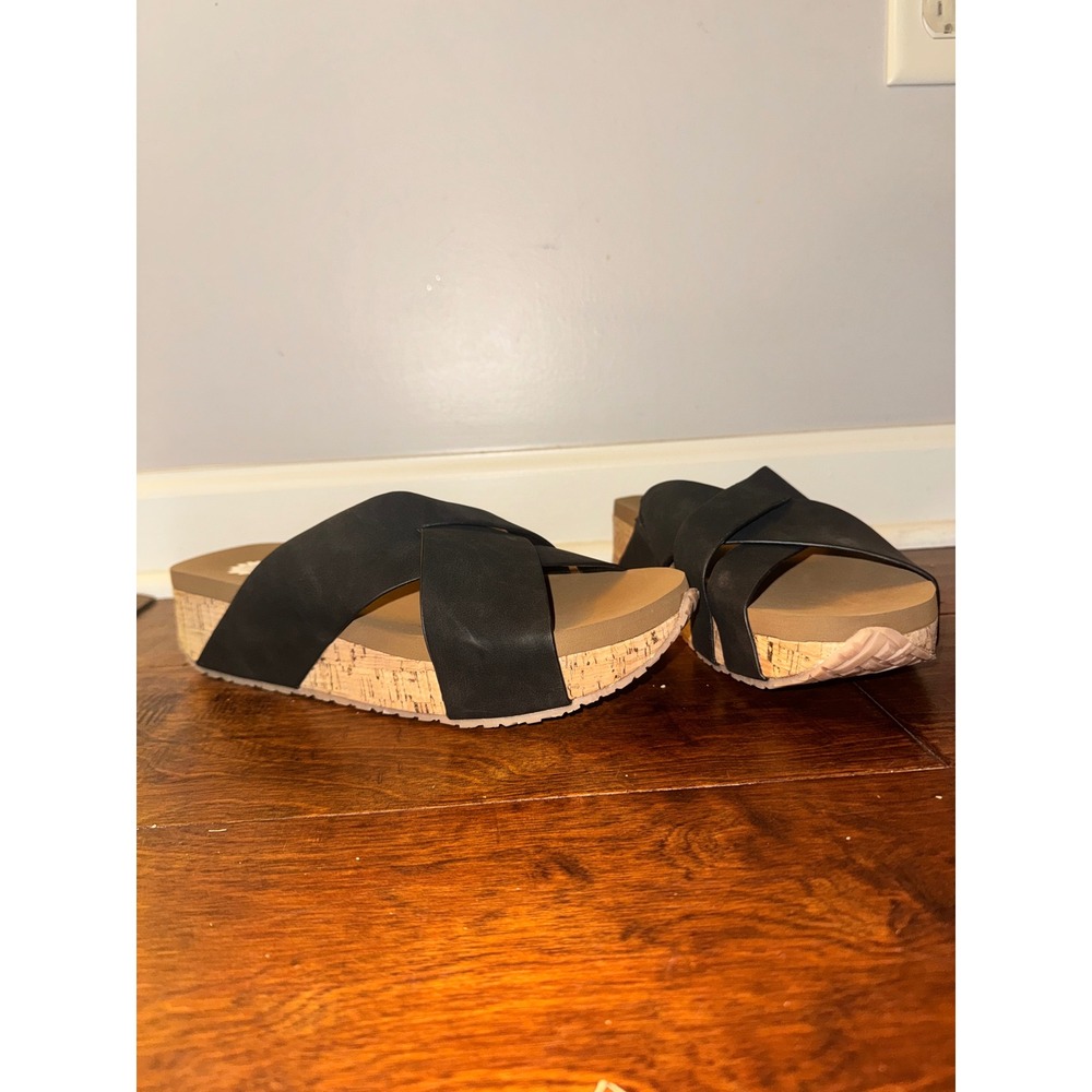 Yellow Box Womens Black Crisscross Strap Cork Platform Wedge Slide Sandals 9M